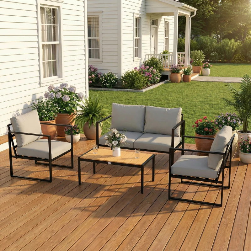 Outsunny Outdoor Garden Furniture Set, 4 Piece Patio Furniture with Slatted Table, Indoor Outdoor Balcony Patio Conservatory Set