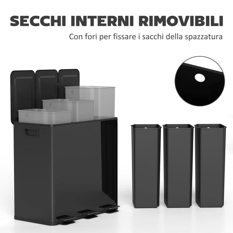 HOMCOM Bidone Immondizia a 3 Sezioni da 20L con Chiusura Silenziosa, in Acciaio Inox e PP, 61.9x36.6x56.7 cm, Nero