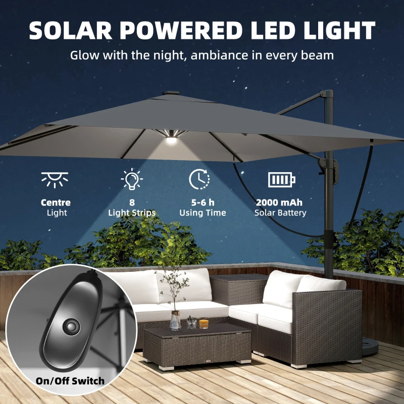 Outsunny 3 x 3 m Garden Cantilever Parasol with Light, Cover, Overhanging Umbrella w/ Wind Protection, 360° Rotation, Light Grey