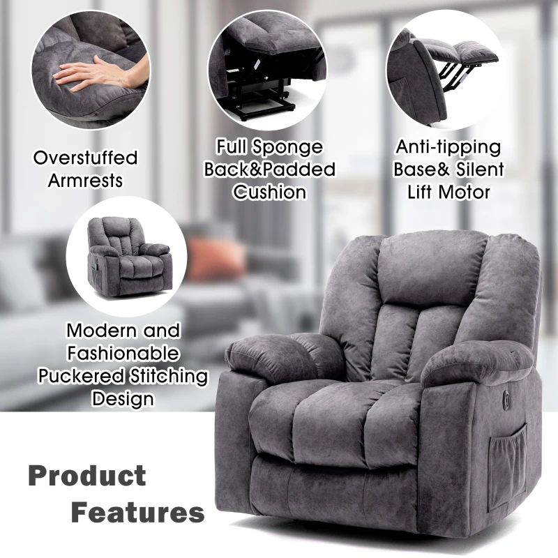 Power Lift Electric Recliner Chair with Heat and Vibration, Massage Chair with USB Ports and Side Pockets, Easy Assembly, 100x95x105 cm, Grey