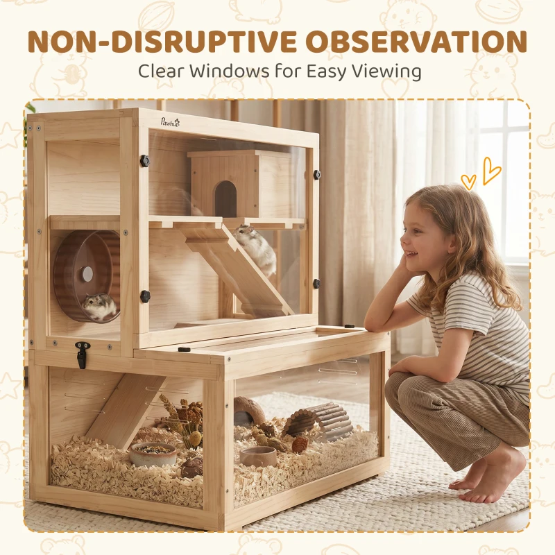PawHut Wooden Hamster Cage with Hut, Wheel, Ramps, Removable Viewing Panels, 80 x 50 x 84 cm, Natural