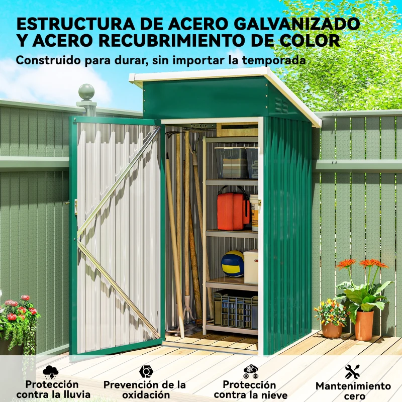 Outsunny Caseta de Jardín Exterior Metálico 0,74 m² 107,5x91x185 cm con Techo Inclinado Puerta con Cerradura Ventilaciones Verde