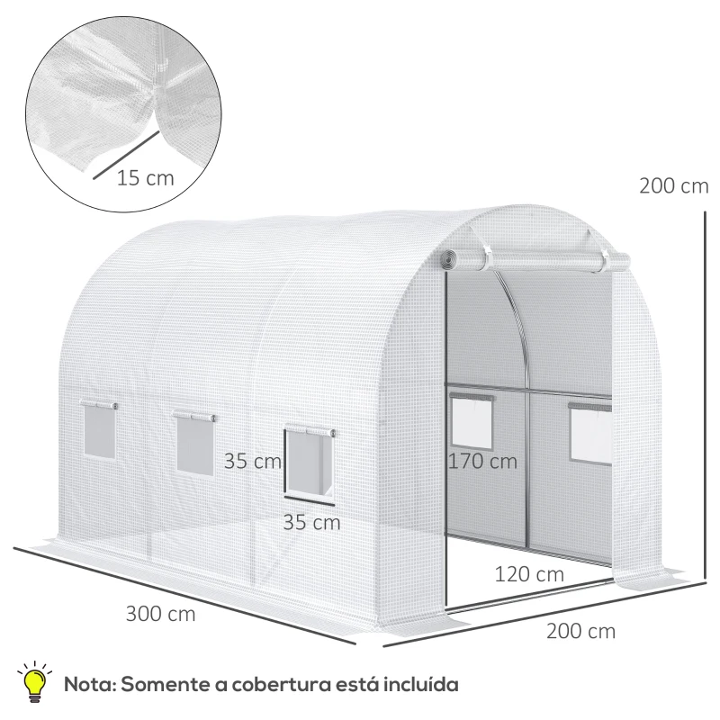 Outsunny Cobertura de Estufa de Túnel 3x2x2m Cobertura de Substituição de Estufa Polietileno com 6 Janelas e Portas Enroláveis Branco