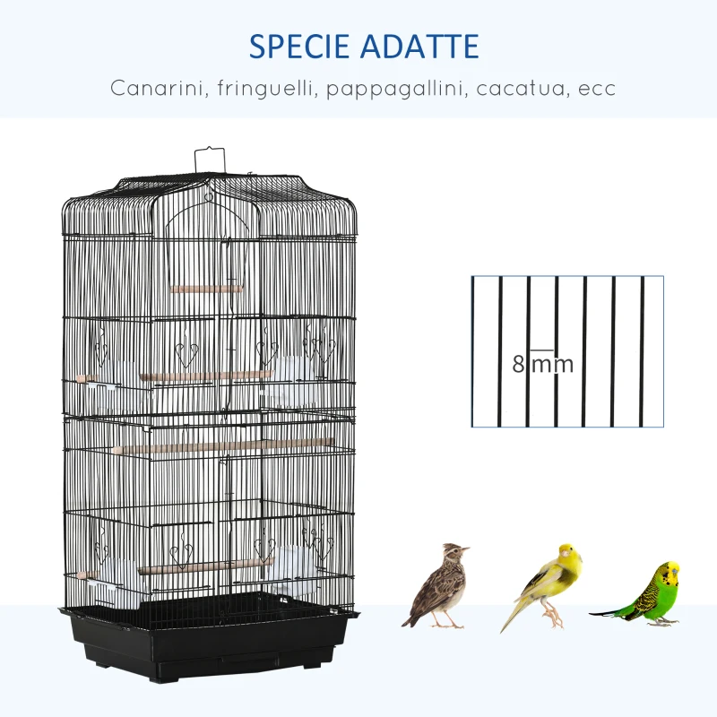 PawHut Gabbia per Uccelli in Metallo e Plastica con Trespoli, Altalena e Ciotole, 46.5x35.5x92 cm, Nero