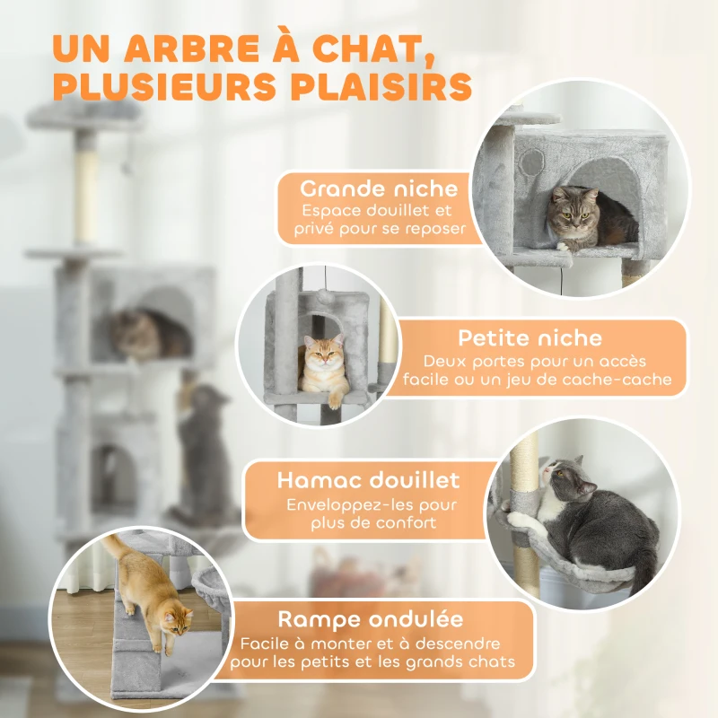 PawHut Arbre à chat tour de jeux pour chat, platesformes, niches, lit, hamac, échelle et griffoirs en sisal 56x56x180cm gris