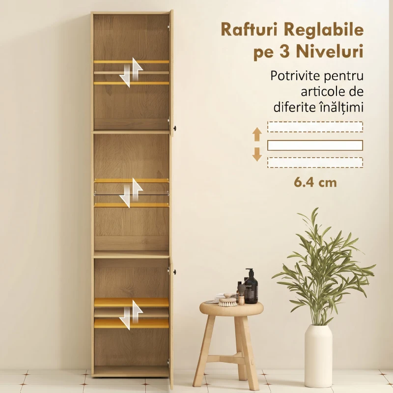 HOMCOM Coloană Baie Slim 6 Rafturi, 2 Uși, Compartimente Deschise, Raft din Sticlă Securizată, Rafturi Reglabile, Stejar