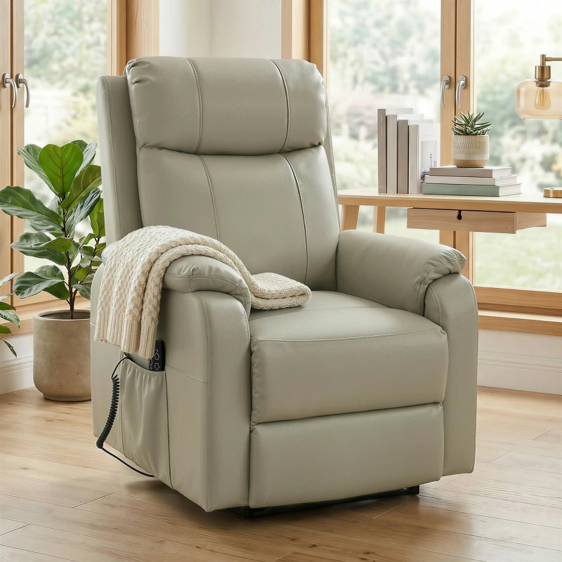 HOMCOM Poltrona Elettrica Alzapersona Reclinabile 170° in Pelle Finta Traspirante con 2 Motori, Telecomando, 4 Ruote, Freno, Poggiapiedi, Tasche Laterali, Crema