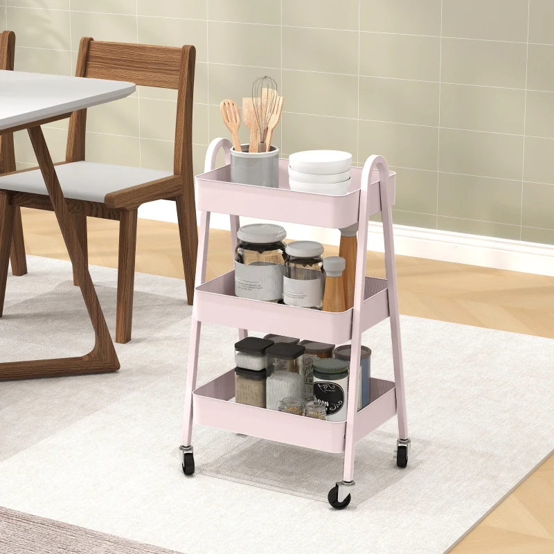 HOMCOM Three-Tier Storage Trolley - Pink
