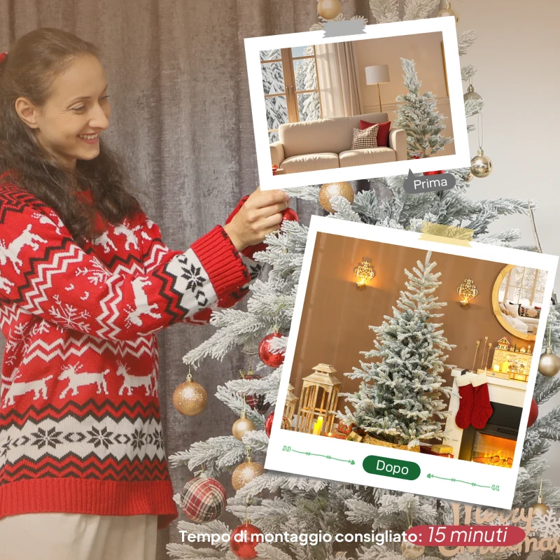 HOMCOM Albero di Natale Innevato Alto 180 cm con Rami Realistici e Base in Metallo Pieghevole