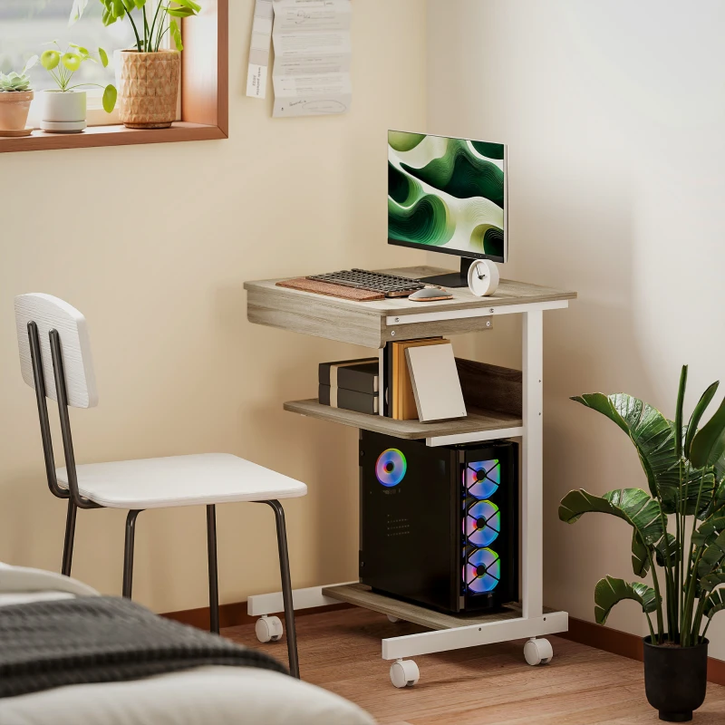 HOMCOM Scrivania PC con Cassetto Scorrevole, 2 Ripiani e 4 Rotelle, in Legno e Metallo, 56x51x79 cm, Bianco e Rovere