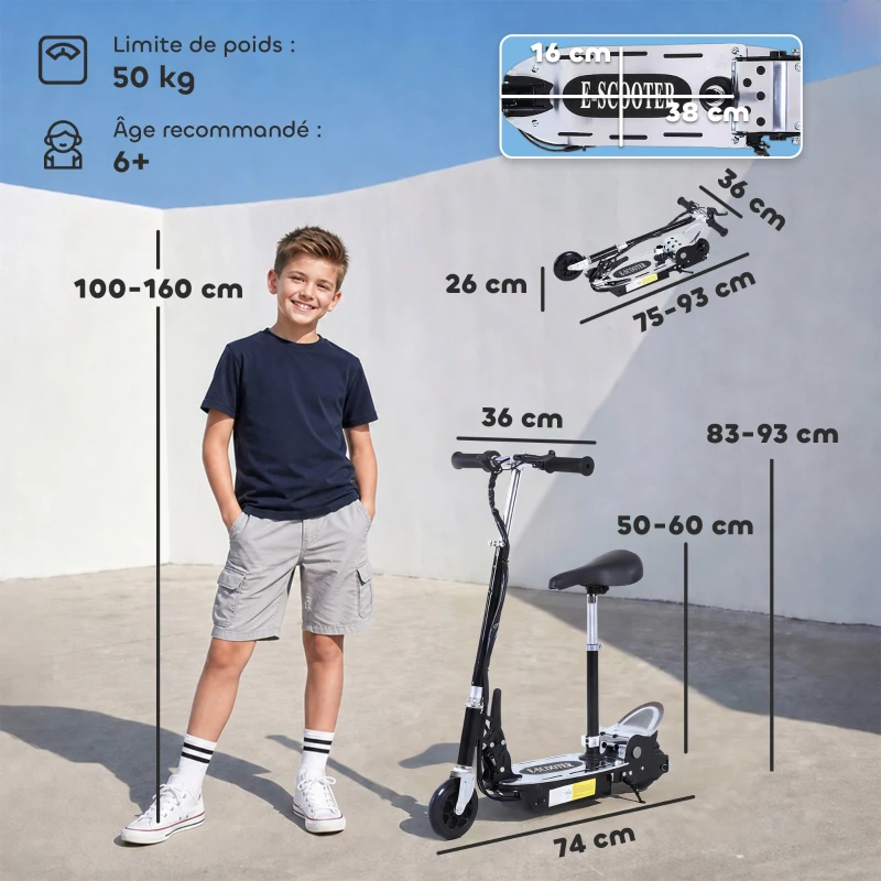 HOMCOM Trottinette électrique 120 W pliable pour enfant de 6+ ans hauteur guidon et selle réglable 10 Km/h max. noir