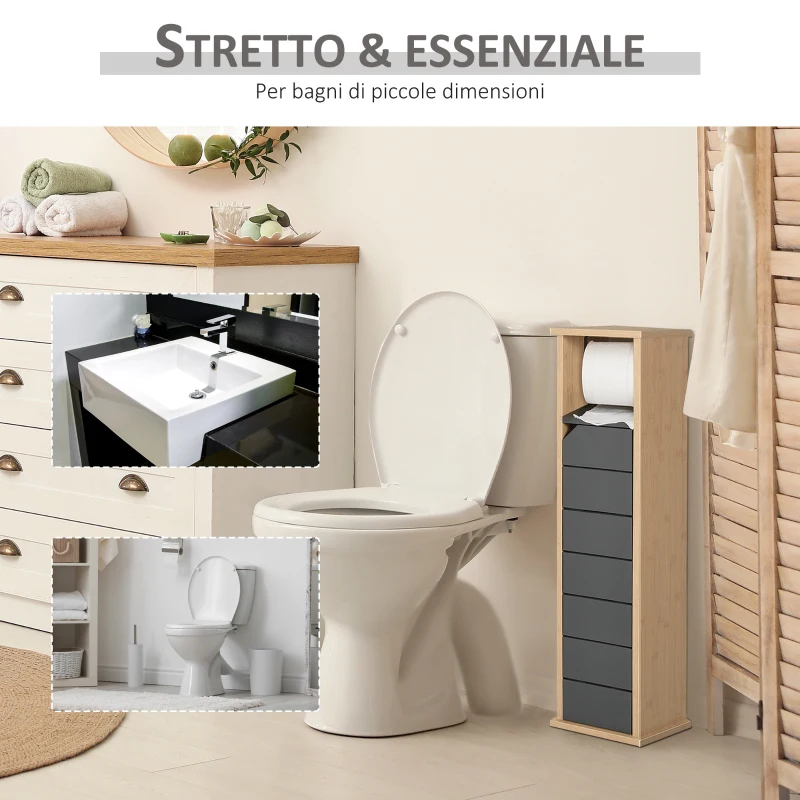 HOMCOM Armadio da Bagno Porta Carta Igienica Organizzatore Ripiano Regolabile Color Bambù Grigio 18x18x75cm