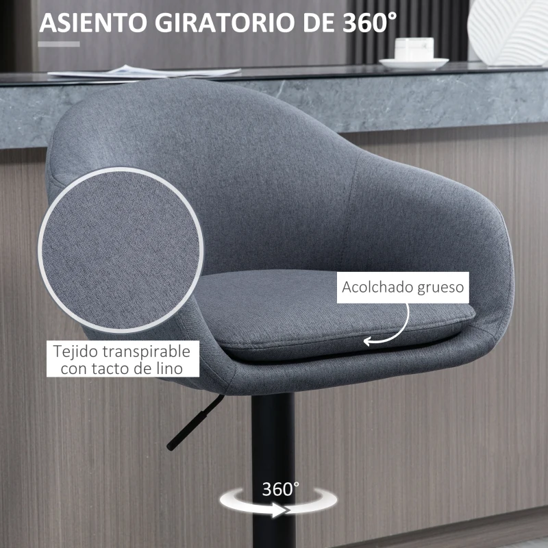 HOMCOM Taburete de Bar Regulable Tapizado de Tela con Reposapiés y Pata de Acero Carga 110 kg 54x54x92-112 cm Gris Oscuro