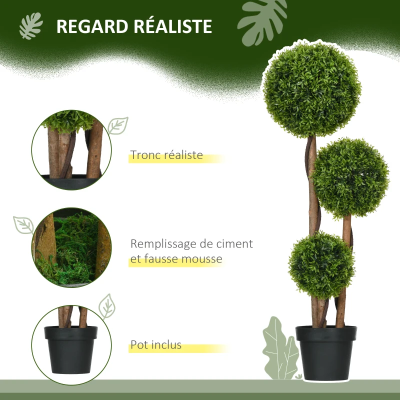 HOMCOM Arbre artificiel buis avec 3 boules feuilles de bambou pot inclus intérieur et extérieur hauteur 110 cm vert