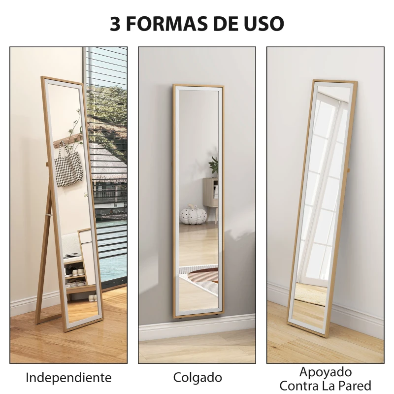 HOMCOM Espejo de Pie Cuerpo Entero con Marco de MDF Espejo de Pared Rectangular con 2 Formas de Uso 37x4x157 cm Plateado y Natural