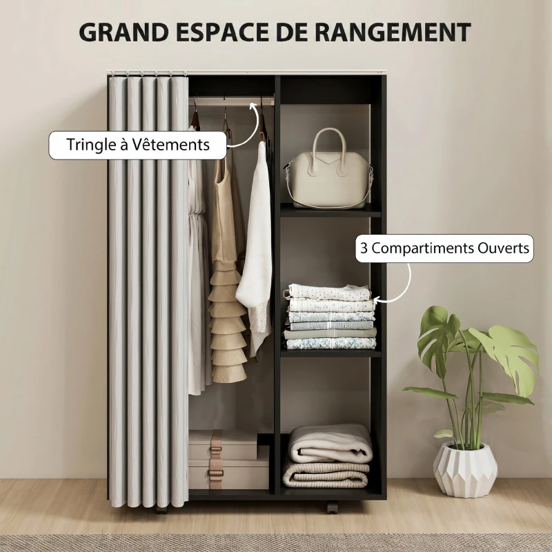 HOMCOM Armoire penderie vêtement dressing mobile 4 roulettes tringle à vêtements et étagères ouvertes 80 x 40 x 128 cm noir