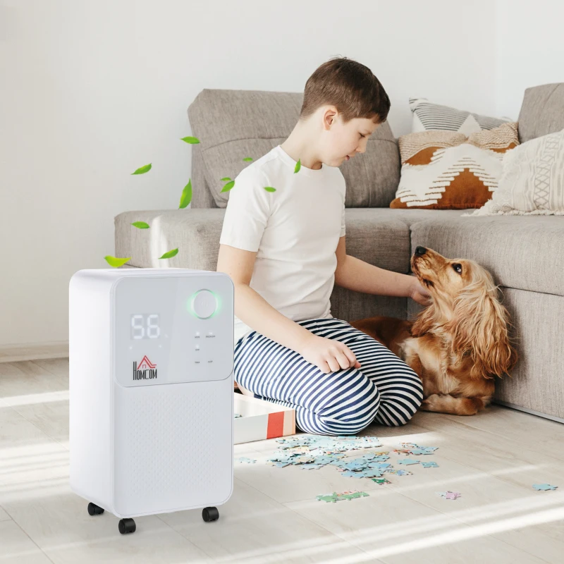 HOMCOM Desumidificador Elétrico 2000ml 12L/Dia com 4 Modos 2 Velocidades Tela LED Luzes Indicadoras Temporizador e Rodas Silencioso para Casa 28x20x50,5cm Branco