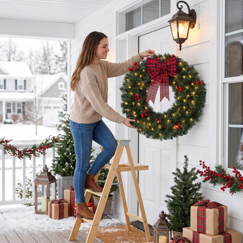 HOMCOM Couronne de Noël Ø60 cm avec Lumières LED 8 Modes, Nœud, 140 Branches, Pommes de Pin et Baies, Couronne de Noël, Vert
