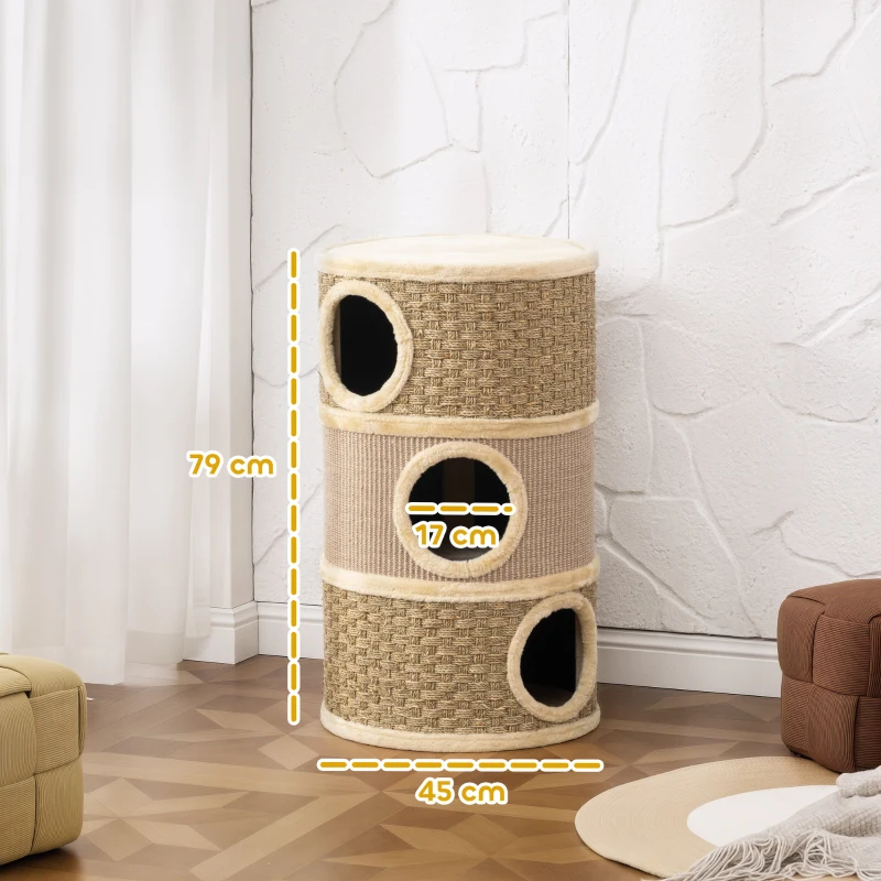PawHut Barril Rascador para Gatos de 3 Niveles Altura 79 cm Tonel de Escalada con Cama Cubierto de Sisal Caqui y Café