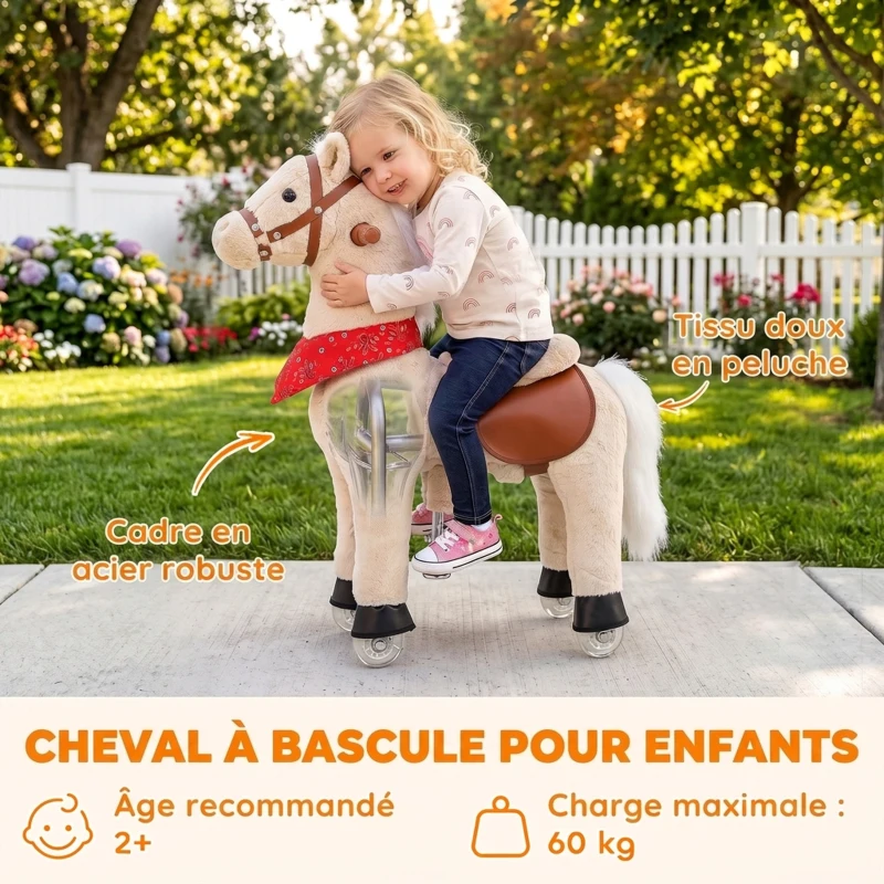 AIYAPLAY Cheval à bascule en peluche avec tête rotative, roues roulantes et sons de hennissement, dès 2 ans, marron clair