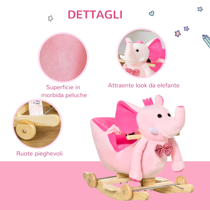 HOMCOM Animale a Dondolo a forma di Elefante con Rotelle e Cintura, in Peluche, Legno e Acciaio, 60x35x45 cm, Rosa