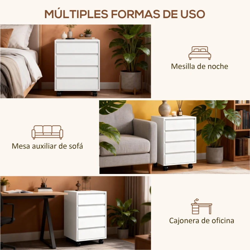 HOMCOM Cajonera de Oficina con 4 Cajones Cajonera de Escritorio con Ruedas para Estudio 46x40x65 cm Blanco