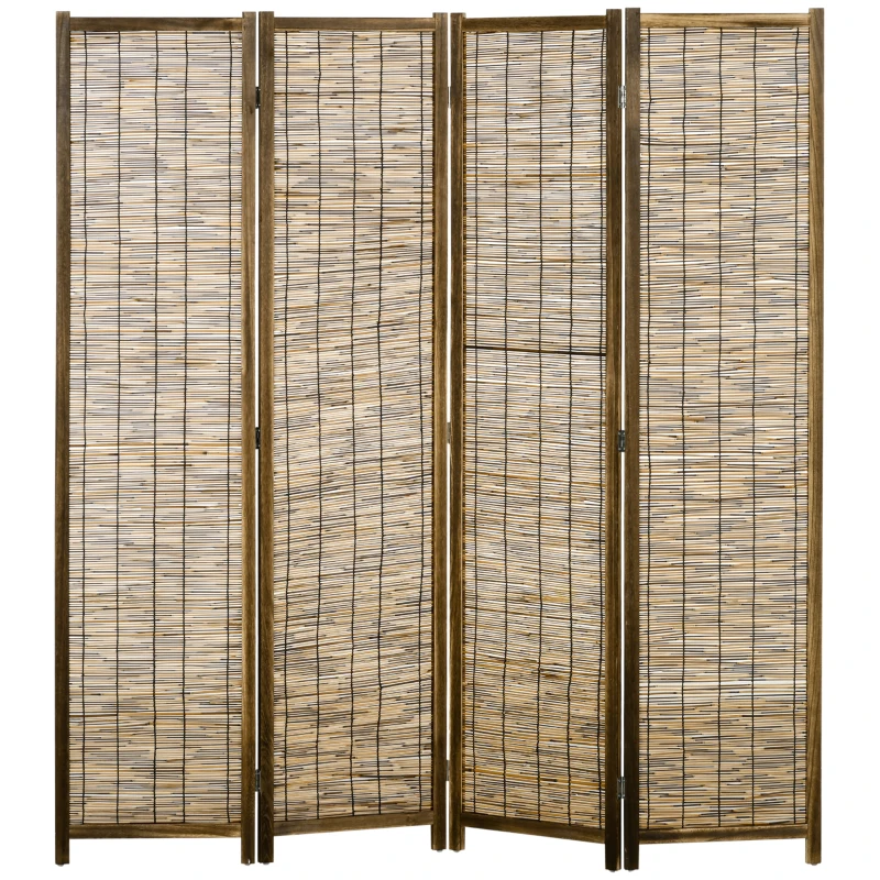 HOMCOM Biombo de 4 Painéis Separador de Ambientes Dobrável 160x1,8x170 cm Divisor de Ambientes de Madeira e Caniço Madeira