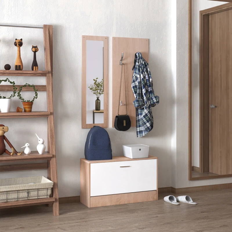 HOMCOM 3-teiliges Garderoben-Set Flurgaderobe mit Schuhschrank Garderobe Wandspiegel 4 Haken Natur 30 x 100 cm (Spiegel)