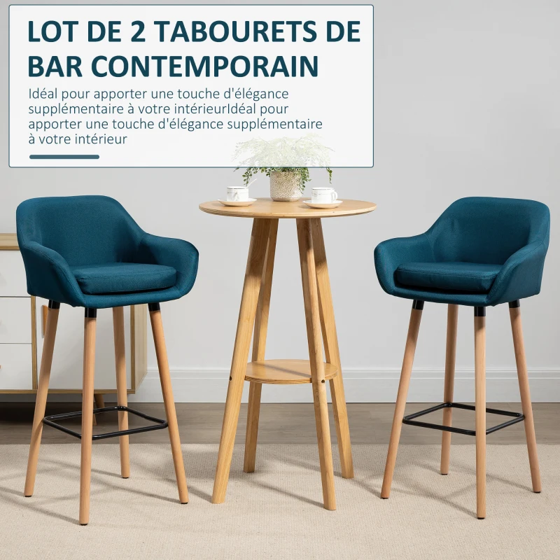 HOMCOM Tabourets de Bar Design scandinave - Lot de 2 tabourets de Bar Grand Confort avec Repose-Pieds et accoudoirs - Bois massif Lin bleu
