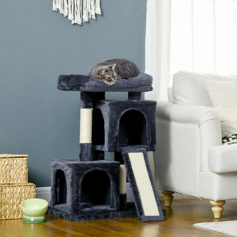 PawHut Albero Tiragraffi per Gatti con Pali in Sisal, Lettino e 2 Casette, 59x39x81cm, Grigio Scuro