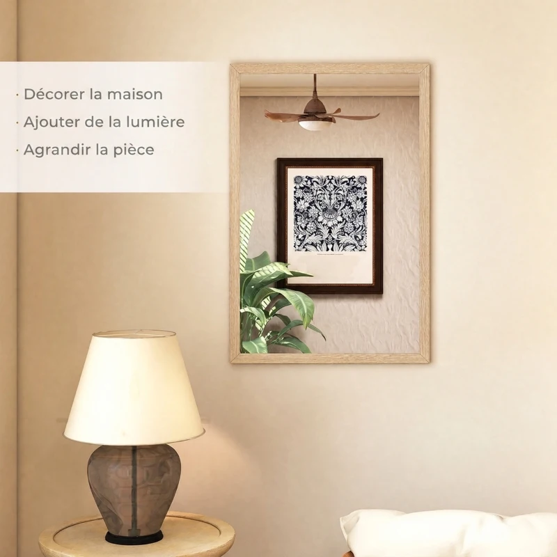 HOMCOM Miroir mural rectangulaire 60 x 40 cm, cadre en bois naturel, idéal pour la salle de bain, salon ou chambre