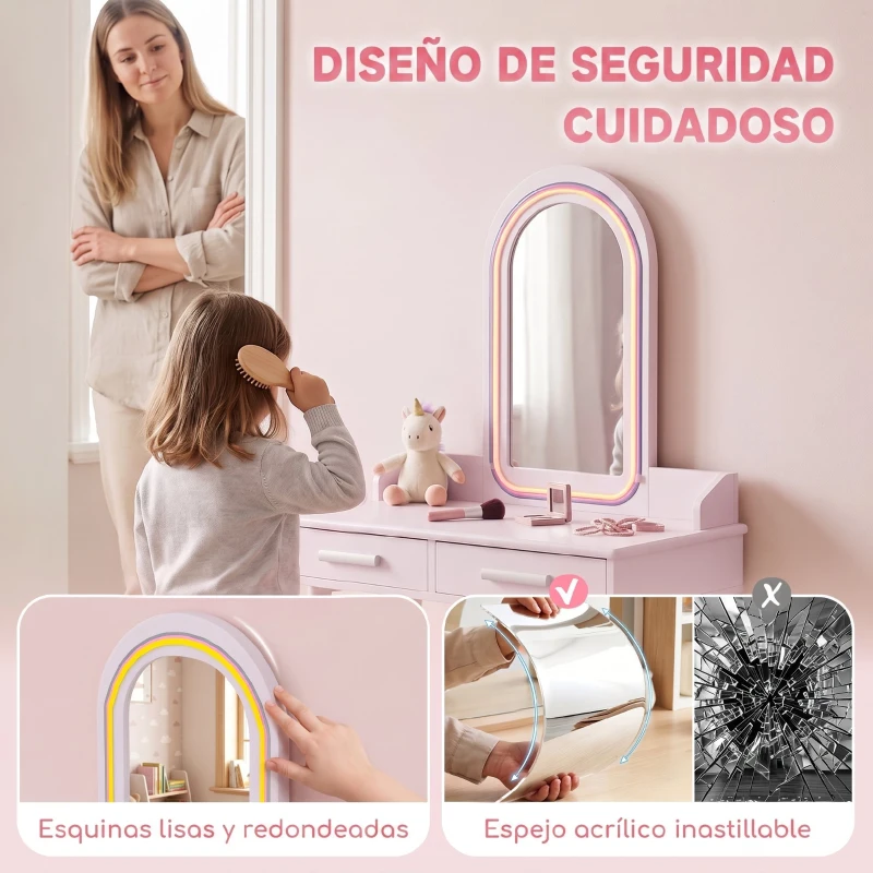 AIYAPLAY Tocador de Maquillaje Niña con Espejo de LED de 3 Colores Taburete 2 Cajones Tocador Infantil para 3 a 8 Años Rosa