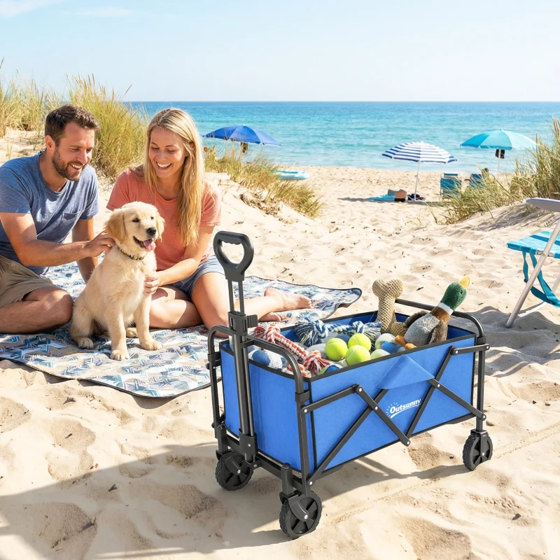 Outsunny Carro de Jardín Plegable con Ruedas Mango Ajustable Carga 68 kg para Campaña Compra 81x45x89 cm Azul