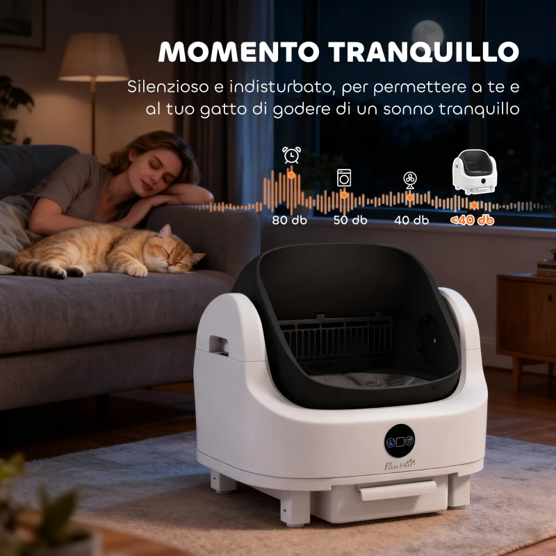 PawHut Lettiera Autopulente con Design Aperto, Sensori di Sicurezza e Deodorante, in PP e ABS, 50x54x55 cm, Bianco