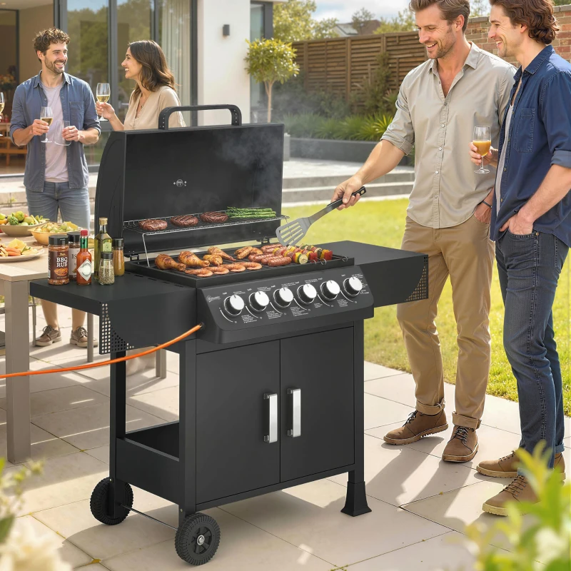 Outsunny Barbacoa de Gas con 6 Quemadores 15 kW Termómetro Parrilla Mesas Laterales Armario y Ruedas 135x51x101 cm Negro