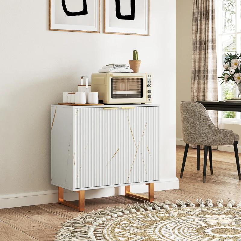 HOMCOM Buffet salon meuble de rangement style moderne avec placard à 2 portes cannelées, étagère réglable, pieds en métal, blanc