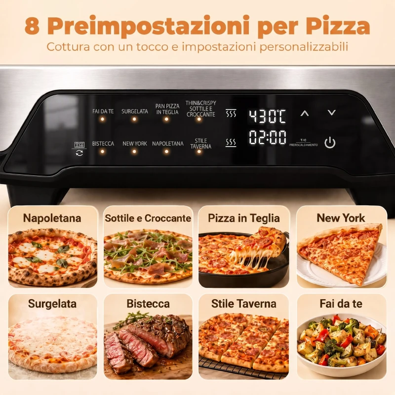 HOMCOM Forno elettrico per pizza con 8 programmi, timer e pietra in ceramica, 2200 W
