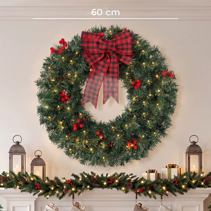HOMCOM Couronne de Noël Ø60 cm avec Lumières LED 8 Modes, Nœud, 140 Branches, Pommes de Pin et Baies, Couronne de Noël, Vert