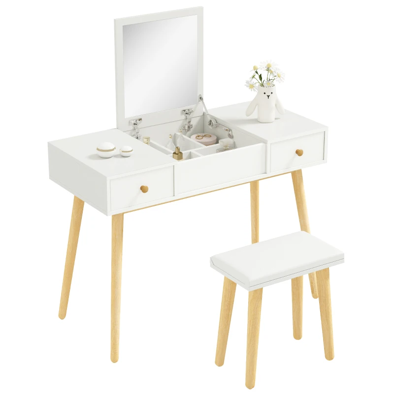 HOMCOM Ensemble de coiffeuse avec tabouret miroir rabattable style scandinave 2 tiroirs 100 x 45 x 118 cm, blanc