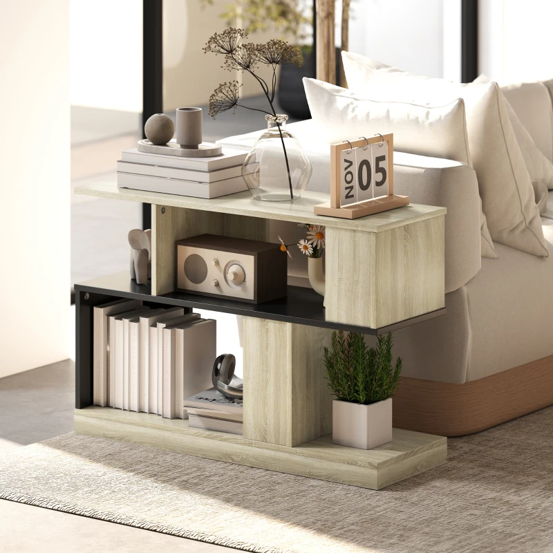 HOMCOM Table d'appoint en forme S, bout de canapé à 3 niveaux étagères de rangement, 90 x 30 x 61 cm, effet bois naturel noir