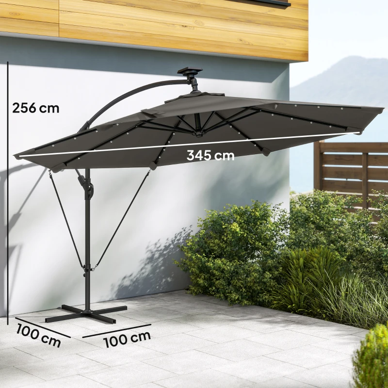 Outsunny Chapéu de Sol Excêntrico com Luzes LED Solares Ø345 cm Base Cruzada Manivela Capa Protetora Cinza Escuro