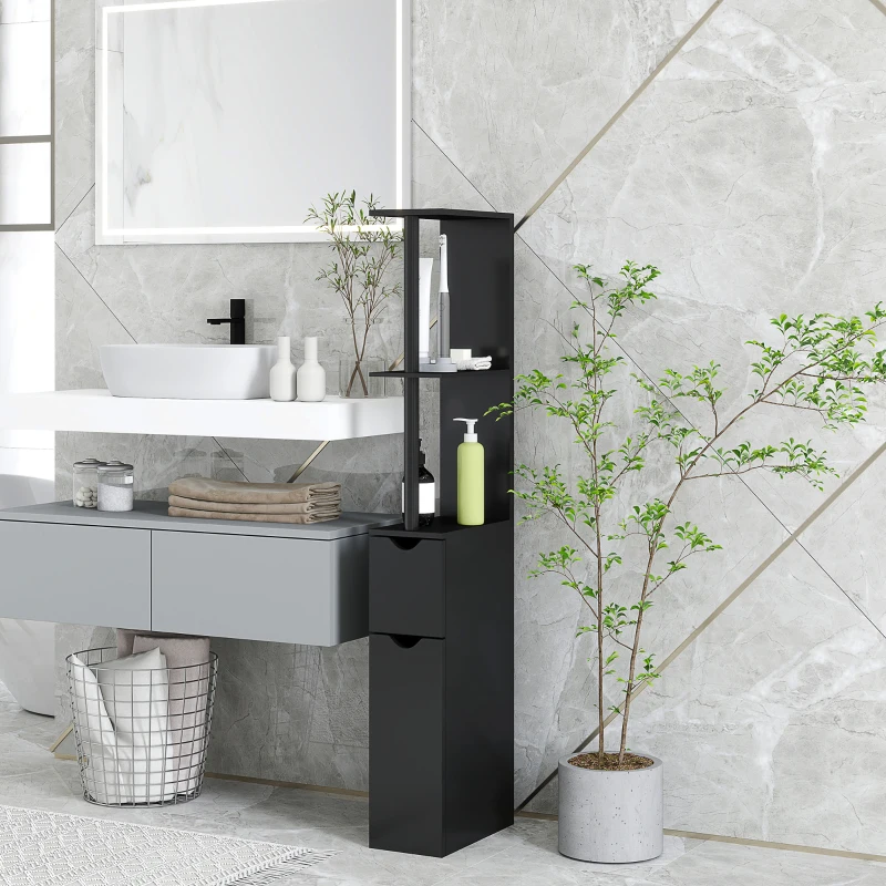 kleankin Coloană pentru baie cu 2 rafturi și 2 dulapuri, mobilier înalt și compact pentru baie, 15,2x29,8x118 cm, negru