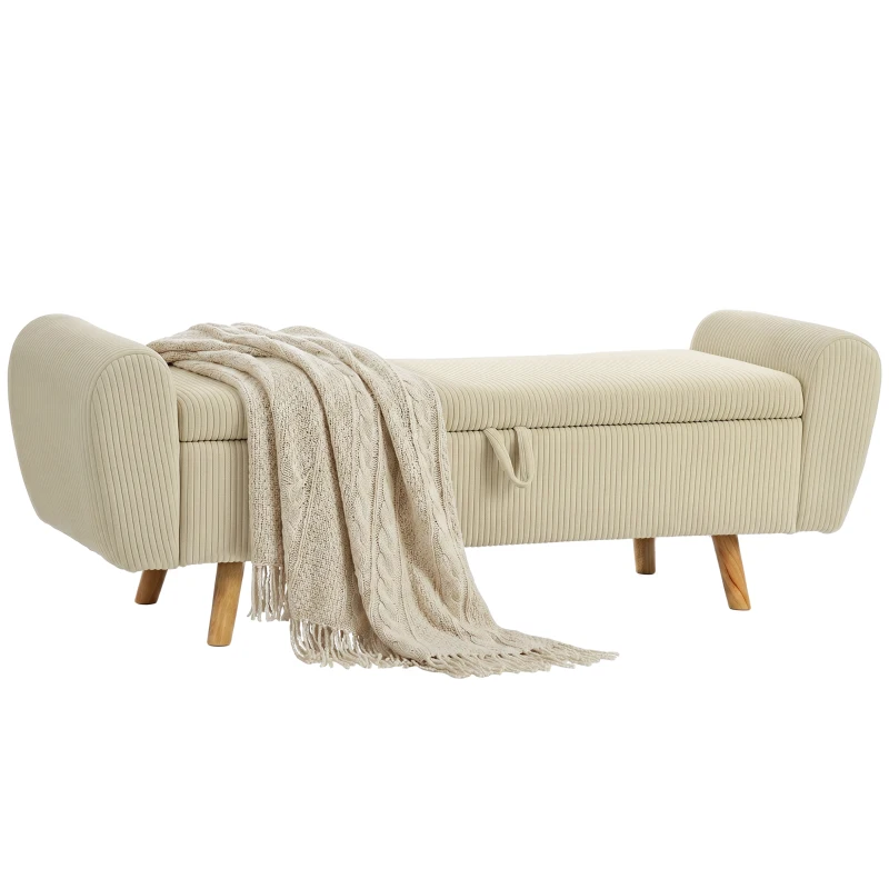 HOMCOM Banc de rangement 73 L, coffre de rangement rembourré en velours côtelé avec accoudoirs et pieds en bois d'hévéa, beige