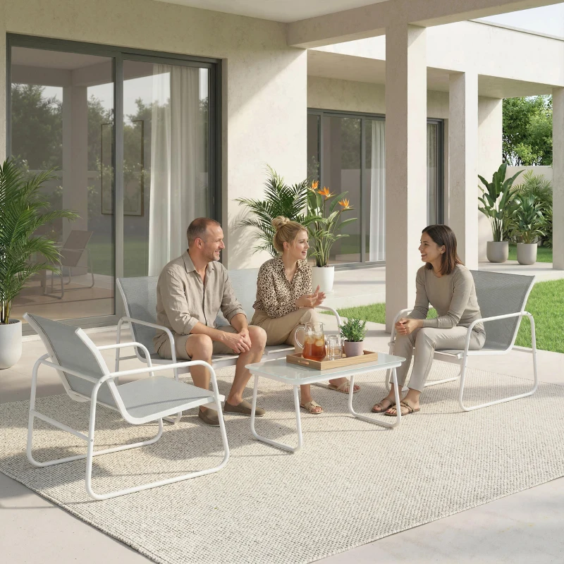 Outsunny Conjunto Jardín Exterior de 4 Piezas con Sofá de 2 Plazas 2 Sillones Mesa de Vidrio Templado Tela Textilene Gris Claro