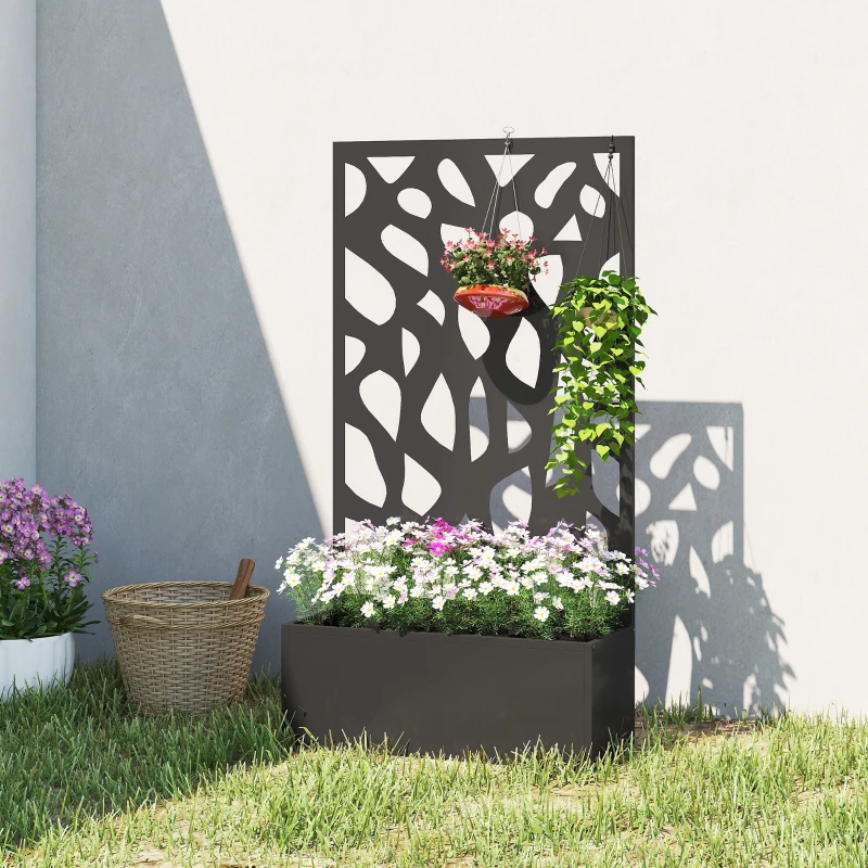 Outsunny Metal Raised Garden Bed with Trellis, Outdoor Planter Box with Privacy Screen, Elevated Garden Box for Climbing Plants