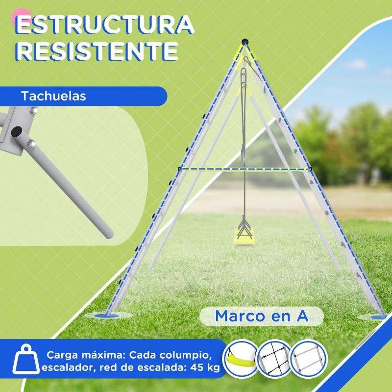 Outsunny Columpio para Niños con Altura Ajustable 2 Sillas Trepador Red de Escalada y Anti-UV 260x185x180 cm Gris y Verde