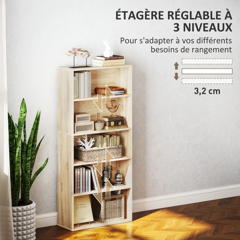 HOMCOM Bibliothèque étagère de rangement 5 niveaux avec étagères réglables pour salon, chambre, bureau, 60x24x133,5cm, naturel