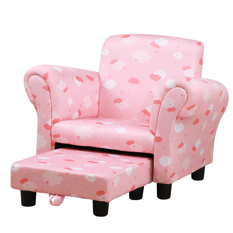 HOMCOM Toddler Chair Children's Armchairs Wood Frame w/ Footrest Anti-Slip Legs High Back Arms for Bedroom Playroom Cute Cloud Star Pink
