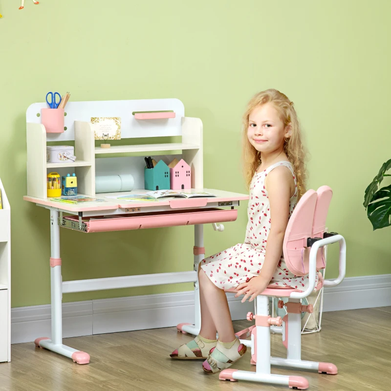 HOMCOM Pupitre Infantil Altura Ajustable con 1 Cajón 1 Estante y Tablero de Mesa Inclinable 80x52x88-109 cm Rosa y Blanco
