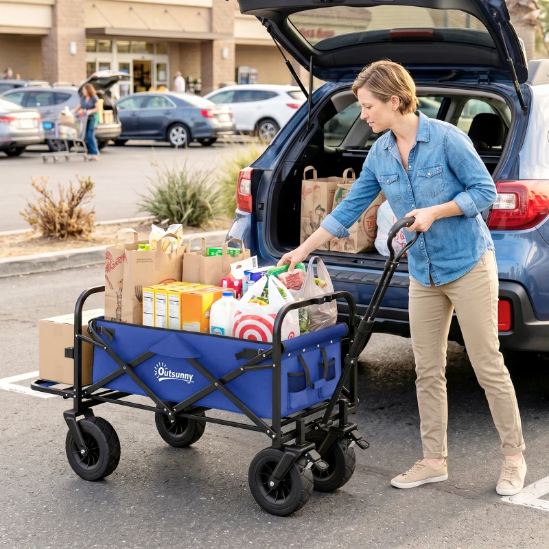 Outsunny Carro de Jardín Plegable con Longitud y Ángulo del Mango Ajustables y Bolsa de Transporte Carga 100 kg Azul Oscuro